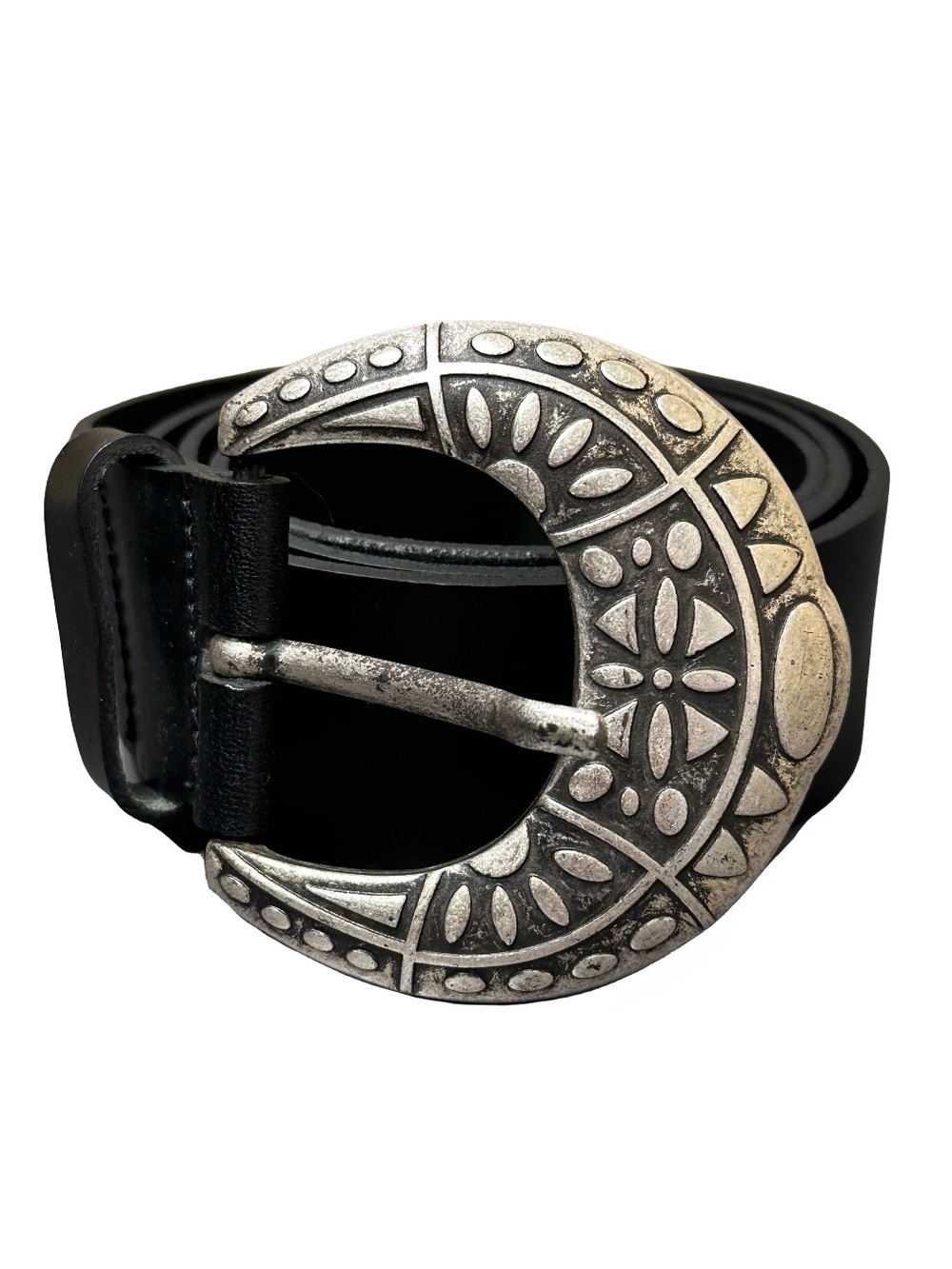 ba&sh Black Leather Crescent Engraved Western Buckle Belt Size 85 / 34 Medium